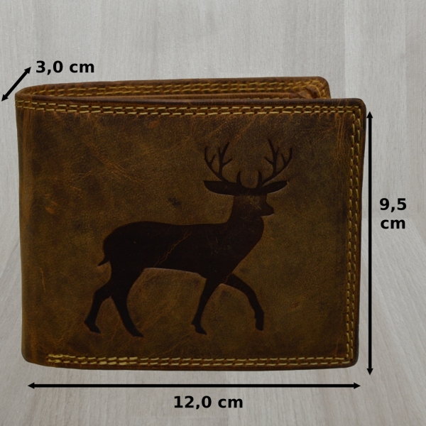 flevado Jäger Geldbeutel mit RFID Schutz Leder Geldbörse Portemonnaie mit Hirsch Druck Querformat mit RFID Schutz
